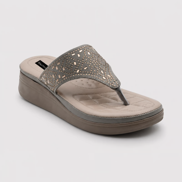 Women’s Embellished T-Strap Sandals – Beige Slip-On Flats
