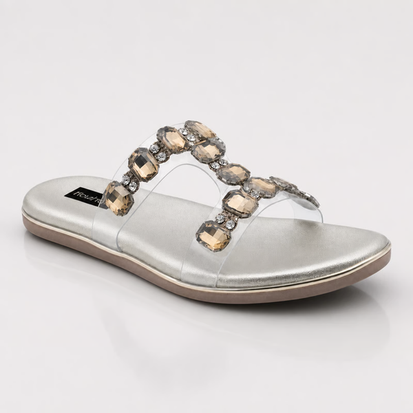Women’s Crystal Embellished Slide Sandals – Gold Rhinestone Slip-On Flats