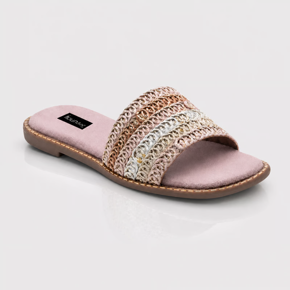 Women Multicolor Interlace Wide Strap Slip-On Flats