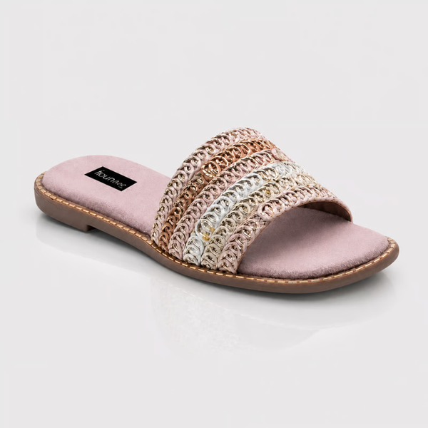 Women Multicolor Interlace Wide Strap Slip-On Flats
