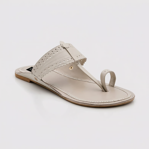 Women White Toe Ring Kolhapuri Flats | Cutwork Strap Slip On Sandals for Casual and Ethnic Wear